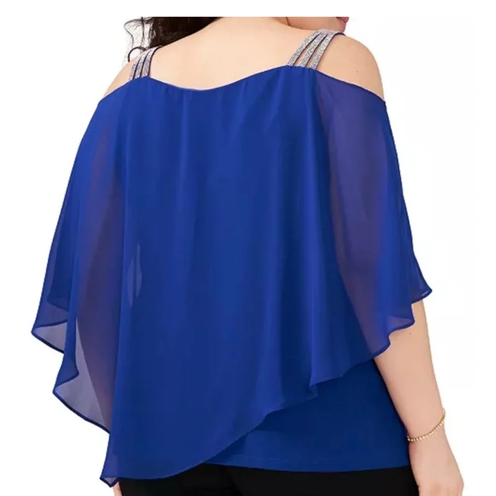 NWT MSK Chiffon Drape Rhinestone-Strap Blue Blouse Women’s Size Medium - Picture 12 of 12
